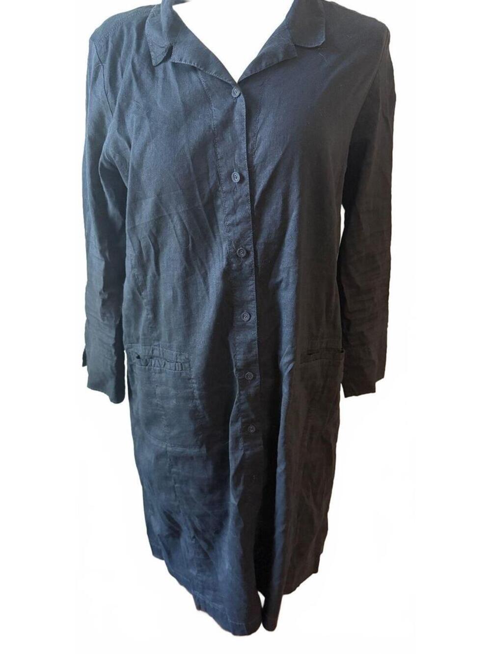 Eileen Fisher Black Organic Linen Blend Button-Down Dress, Size L